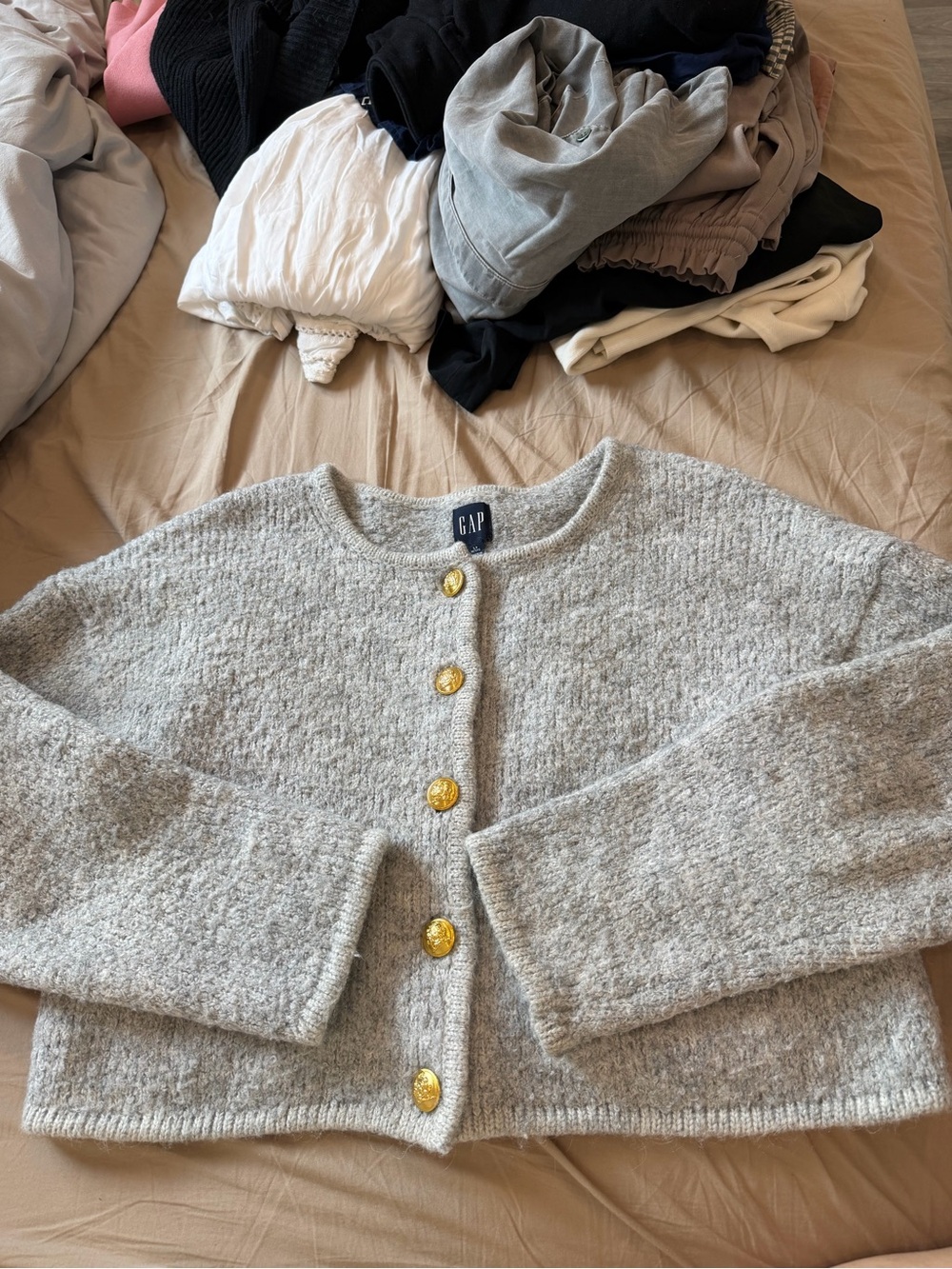 GAP Women's Light Gray Bouclé Cardigan with Gold Buttons